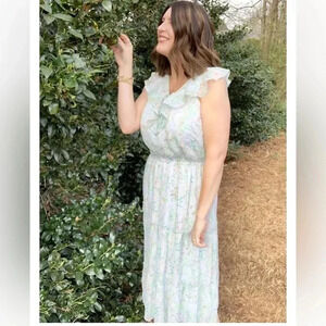 LAUREN CONRAD RUFFLE V NECK TIERED MAXI DRESS EASTER LILY SIZE XS